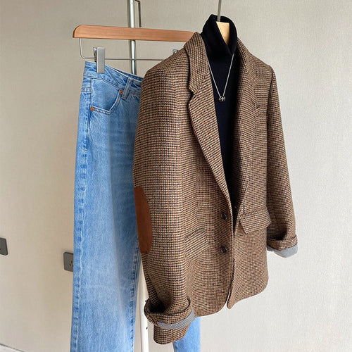 Damen Oversize-Tweed-Blazer mit Ellbogen-Patches, Pattentaschen und kastiger Silhouette Drune