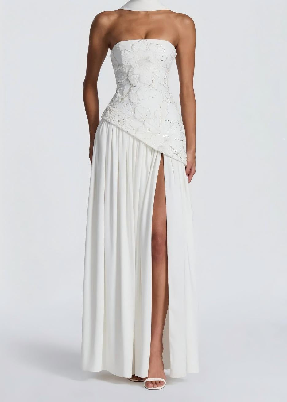 Damen Strapless Abendkleid mit seitlichem Schlitz und floralen Applikationen Drune
