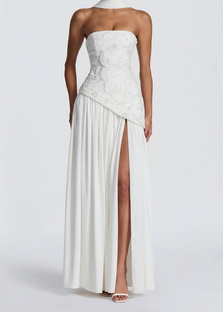 Damen Strapless Abendkleid mit seitlichem Schlitz und floralen Applikationen Drune