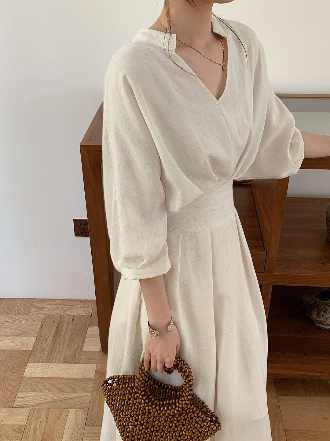 Damen Leinenoptik Midikleid mit V-Ausschnitt dreiviertel Ärmeln und taillierter Taille Drune
