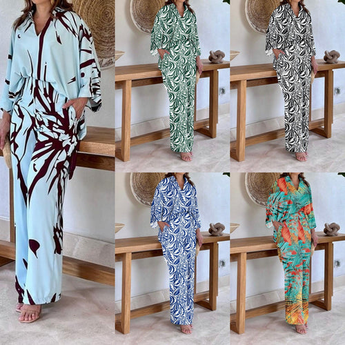 Damen Gemustertes Kimono-Lounge-Set mit weitem Palazzohose aus leichtem Viskose-Mix Drune