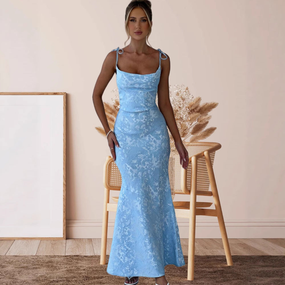Damen Etuikleid mit floralem Jacquardmuster und verstellbaren Spaghetti-Trägern Drune