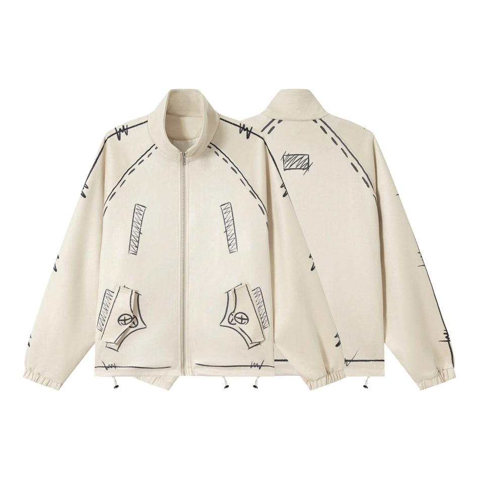 Unisex Oversize Fleecejacke mit Stehkragen und grafischem Skizzenprint Drune