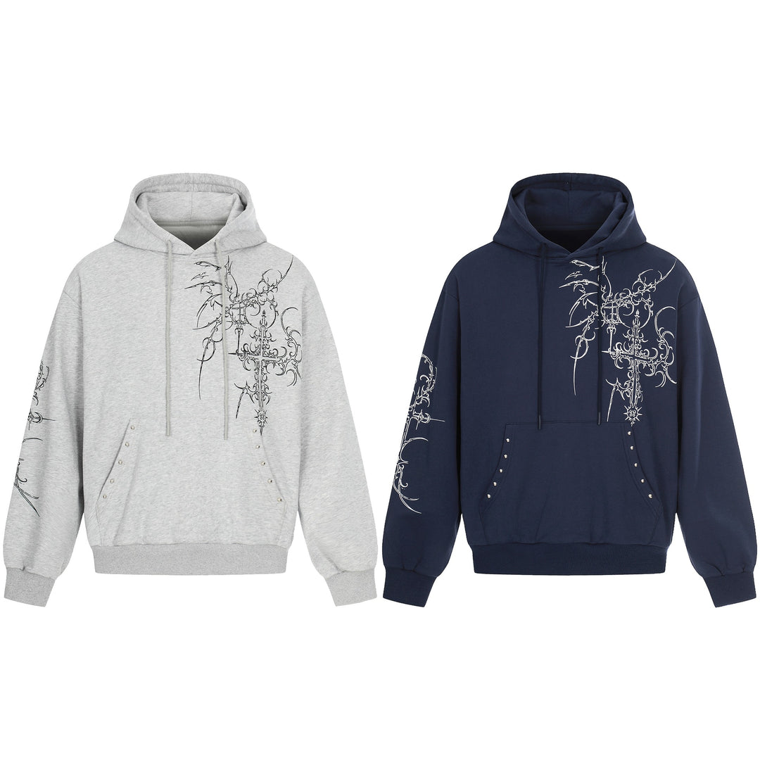 Herren Oversize Kapuzenpullover mit ornamentalem Kreuz‑Print und Nieten Drune