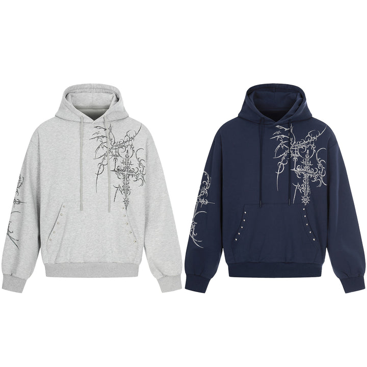 Herren Oversize Kapuzenpullover mit ornamentalem Kreuz‑Print und Nieten Drune