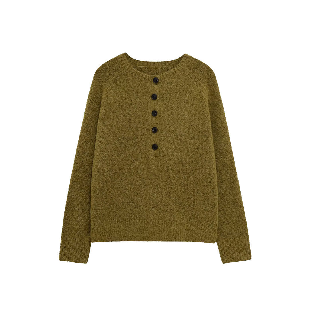 Damen Bouclé-Pullover mit Henley-Knopfleiste und Raglanärmeln Drune
