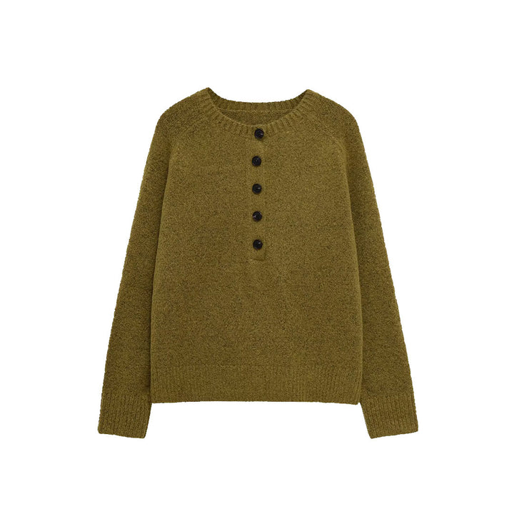 Damen Bouclé-Pullover mit Henley-Knopfleiste und Raglanärmeln Drune
