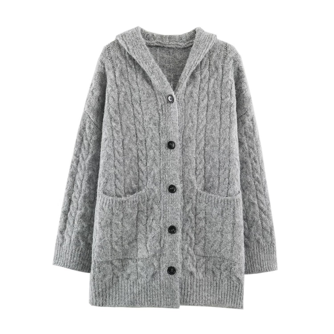 Damen Langgestrickter Kapuzen-Cardigan mit Zopfmuster und Knopfleiste Drune