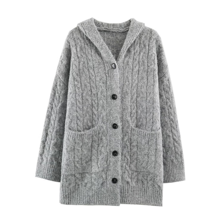 Damen Langgestrickter Kapuzen-Cardigan mit Zopfmuster und Knopfleiste Drune