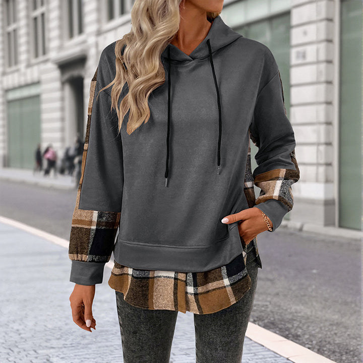 Damen Lässiger Hoodie mit karierten Ärmeln Drune