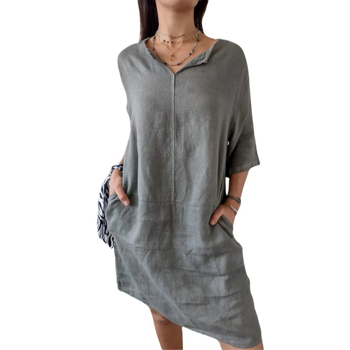 Damen Leichtes Leinenkleid mit vorderem Knopfdetail und seitlichen Taschen Drune
