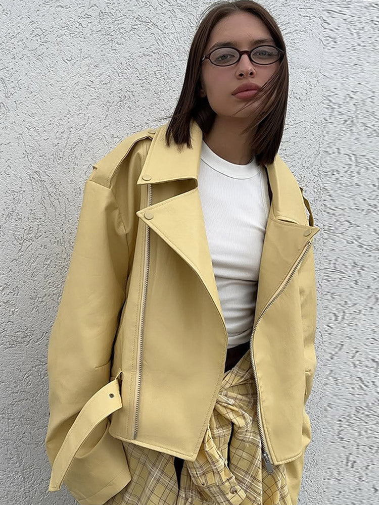 Damen Oversize-Bikerjacke aus veganem Lederimitat mit großem Revers und Taillengürtel Drune