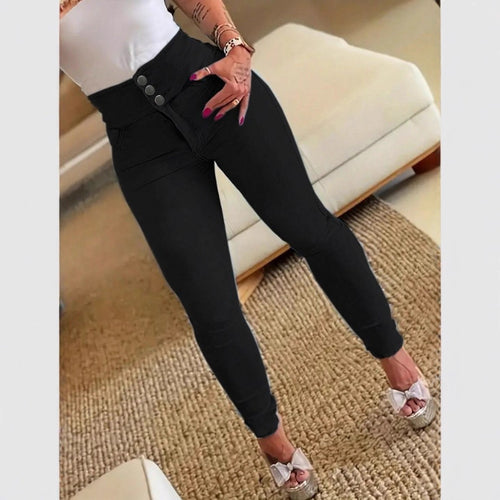 Damen hochtaillierte formende Skinny-Jeansleggings mit Doppelknopfbund Drune