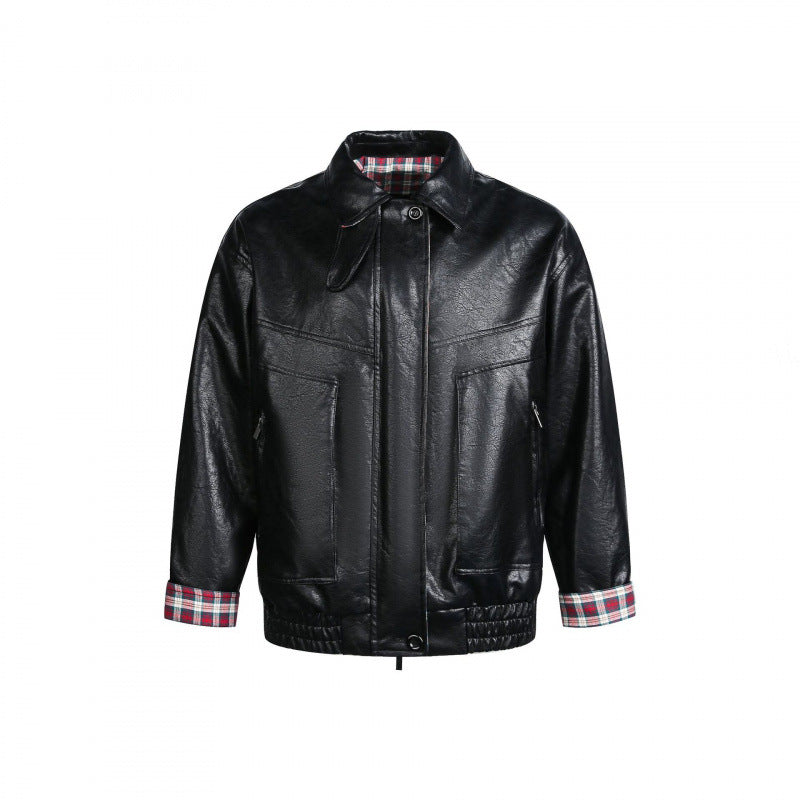 Herren Lederimitat-Blouson mit Karofutter, Reißverschluss und elastischem Saum Drune