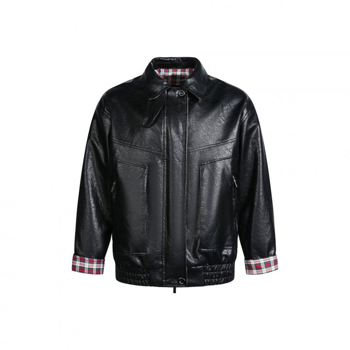 Herren Lederimitat-Blouson mit Karofutter, Reißverschluss und elastischem Saum Drune