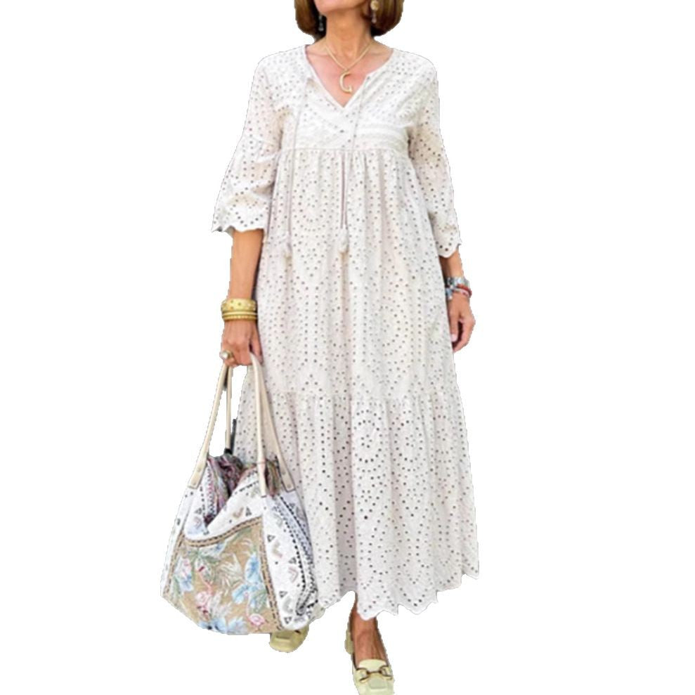 Damen nan fließendes Maxikleid mit Ajourstickerei, V-Ausschnitt, Unterbrustnaht und Volantrock Drune