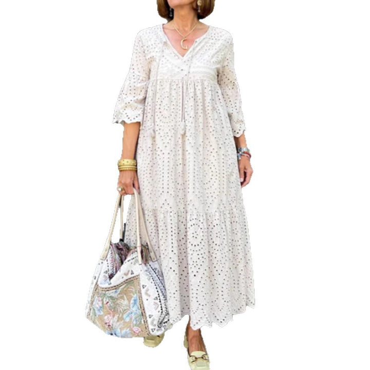 Damen nan fließendes Maxikleid mit Ajourstickerei, V-Ausschnitt, Unterbrustnaht und Volantrock Drune