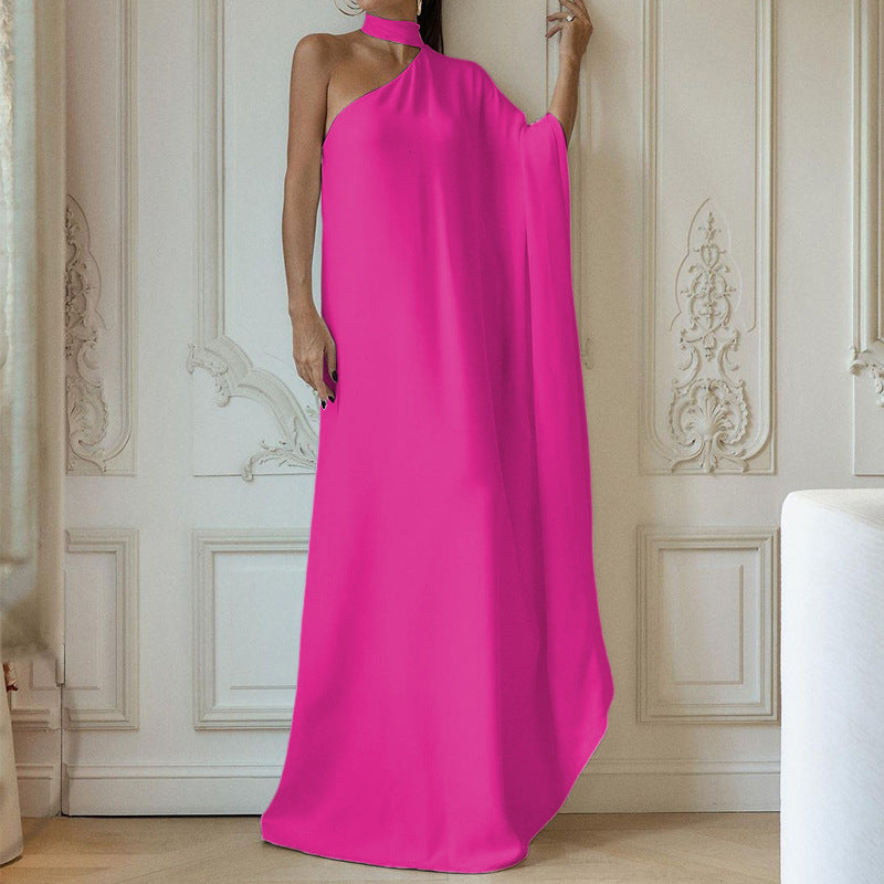 Damen elegantes One-Shoulder Abendkleid mit fließendem Stoff und schickem Kragen Drune