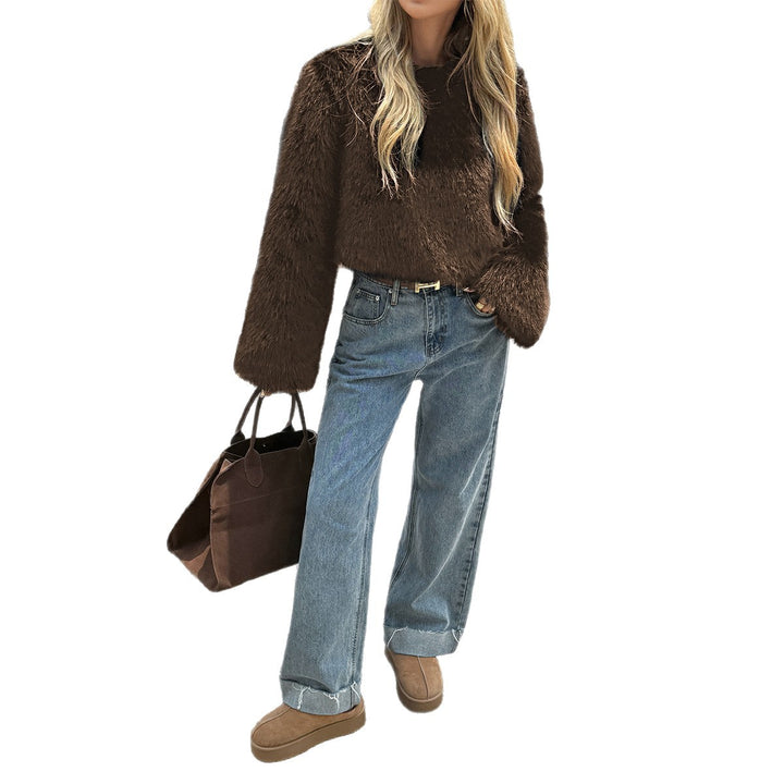 Damen nan kuscheliger Cropped-Faux-Fur-Pullover mit ausgestellten Ärmeln Drune