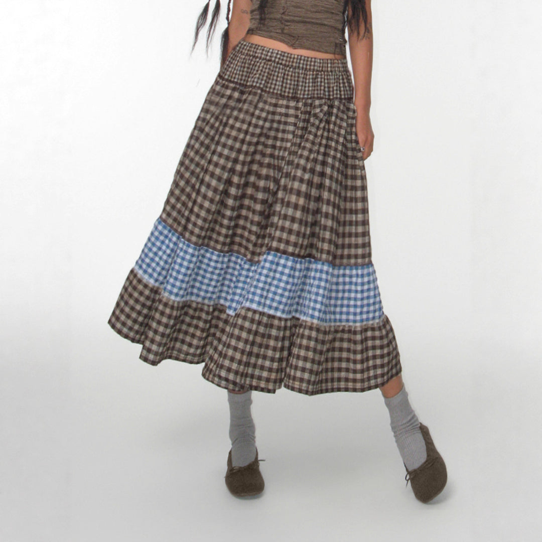 Damen nan mehrlagiger Baumwoll-Stufenrock mit elastischem Taillenbund, kontrastierendem Gingham-Band und Volant Drune