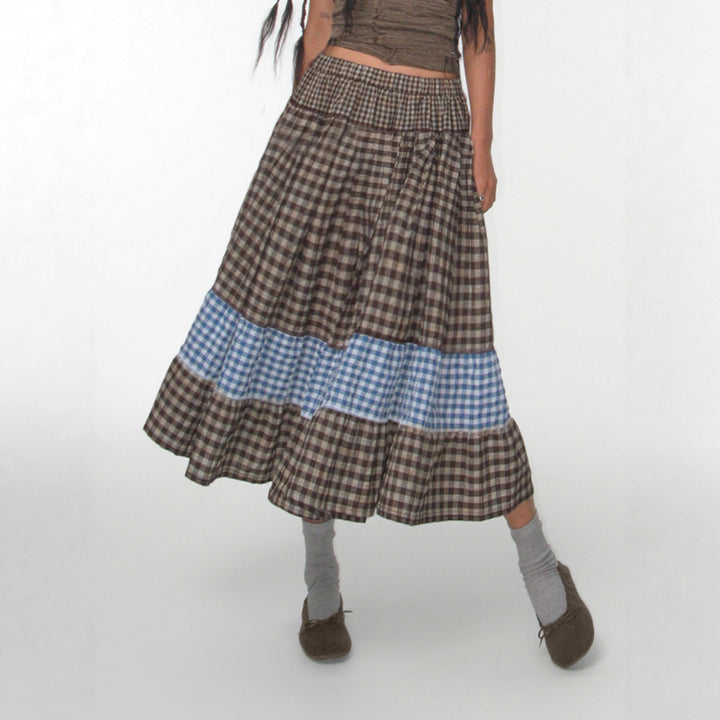 Damen nan mehrlagiger Baumwoll-Stufenrock mit elastischem Taillenbund, kontrastierendem Gingham-Band und Volant Drune
