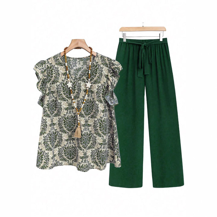 Damen Zweiteiliges Ensemble mit Rüschen-Printbluse und weitem Taillen-Hosenmodell Drune