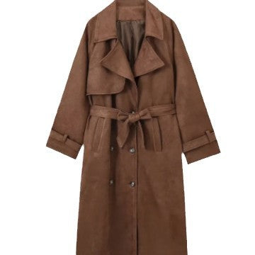 Damen elegante Kunstleder-Trenchcoat mit taillierbarem Gürtel Drune