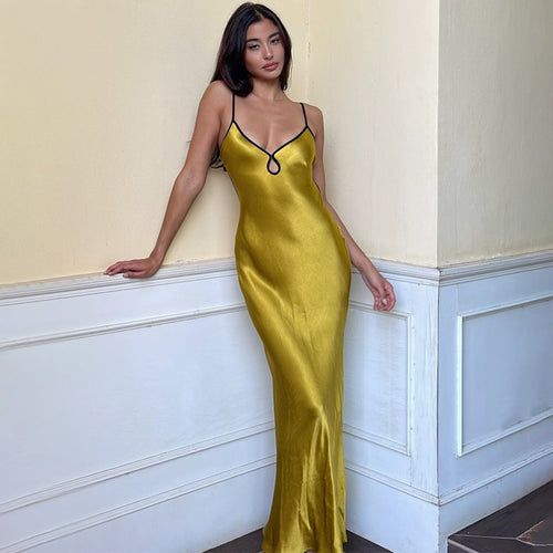 Damen Elegantes Satin-Maxikleid mit verstellbaren Spaghettiträgern und tiefem V-Ausschnitt Drune