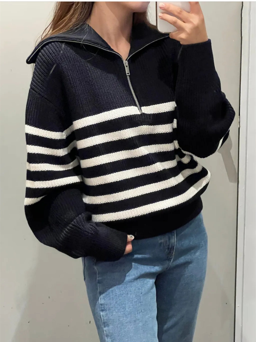 Damen Gestreifter Half‑Zip Strickpullover mit Matrosenkragen und überschnittener Schulter Drune