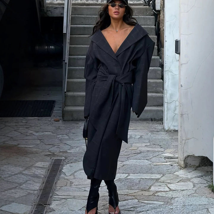Damen Oversize Wickelmantel mit weitem Schalkragen und Bindegürtel Drune