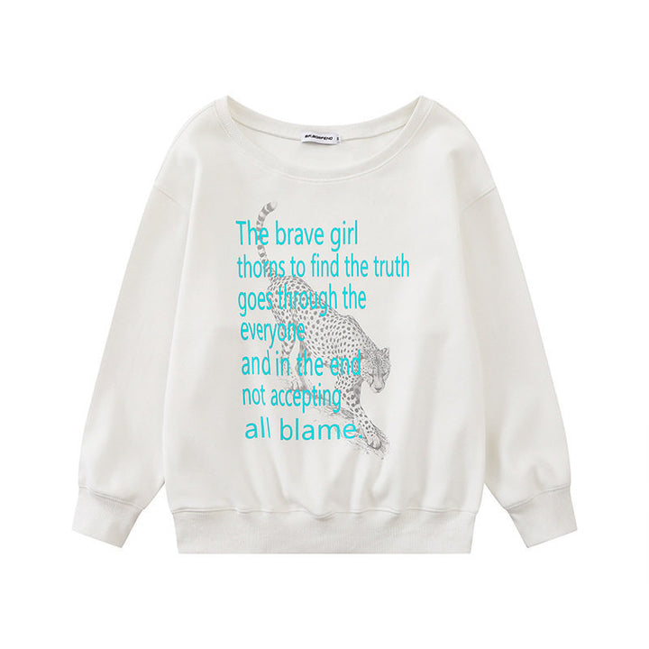 Damen Oversize-Sweatshirt mit Rundhalsausschnitt, typografischem Statement und Leoparden-Illustration Drune