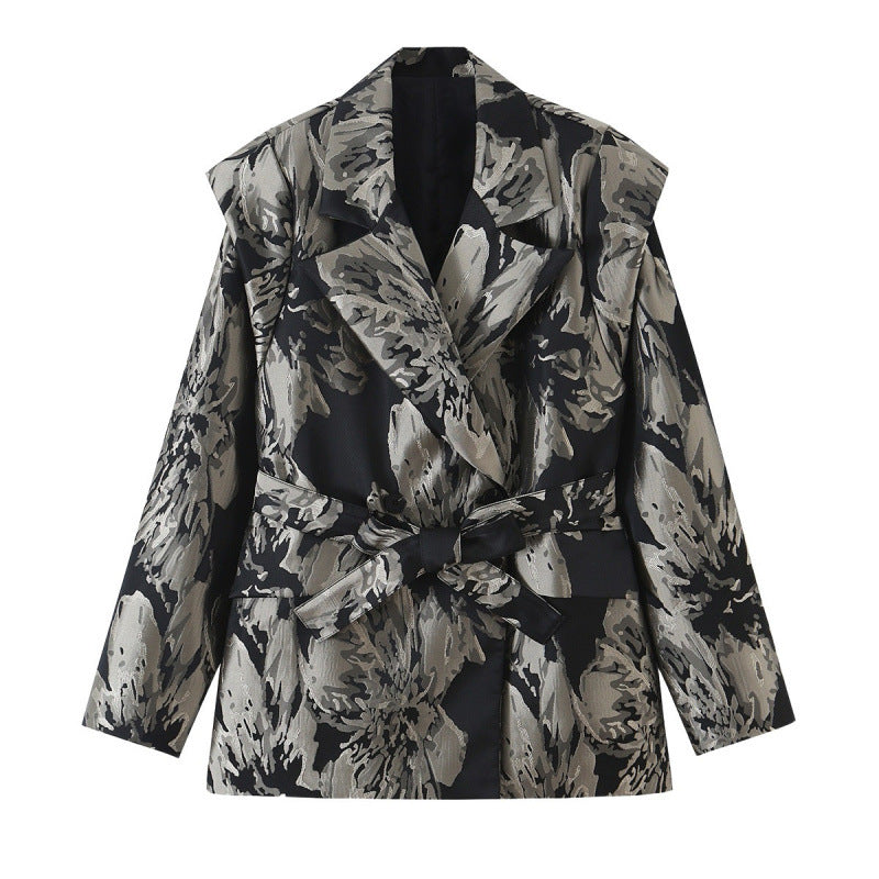 Damen Jacquard‑Blazer mit floralem Jacquardmuster, breitem Revers und Bindegürtel Drune
