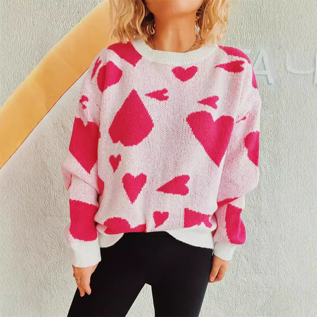 Damen lockerer Pullover mit Herzmuster und weitem Schnitt Drune
