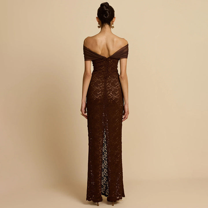 Damen Elegantes Spitzenabendkleid mit schulterfreiem Design und raffiniertem Schlitz Drune