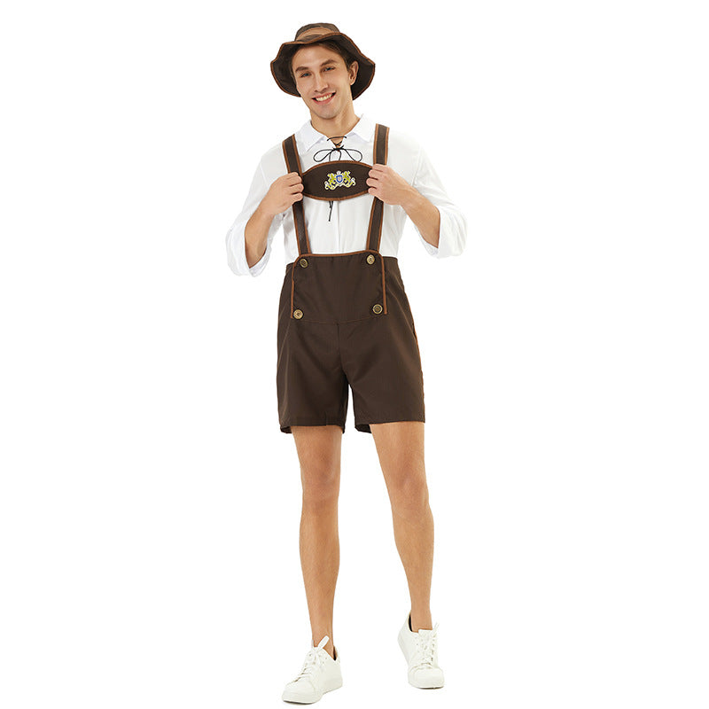 Herren nan kurze Trachtenlederhose mit verstellbaren Trägern und besticktem Brustlatz Drune
