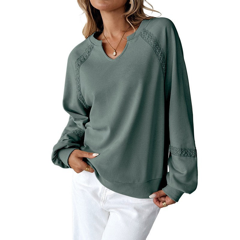 Damen Lässiges Sweatshirt mit V-Notch, Spitzeneinsätzen und Ballonärmeln Drune