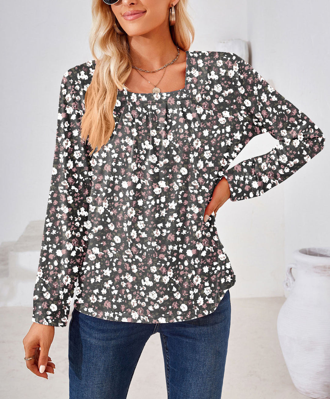 Damen florales Langarmbluse mit elegantem Quadrat-Ausschnitt Drune