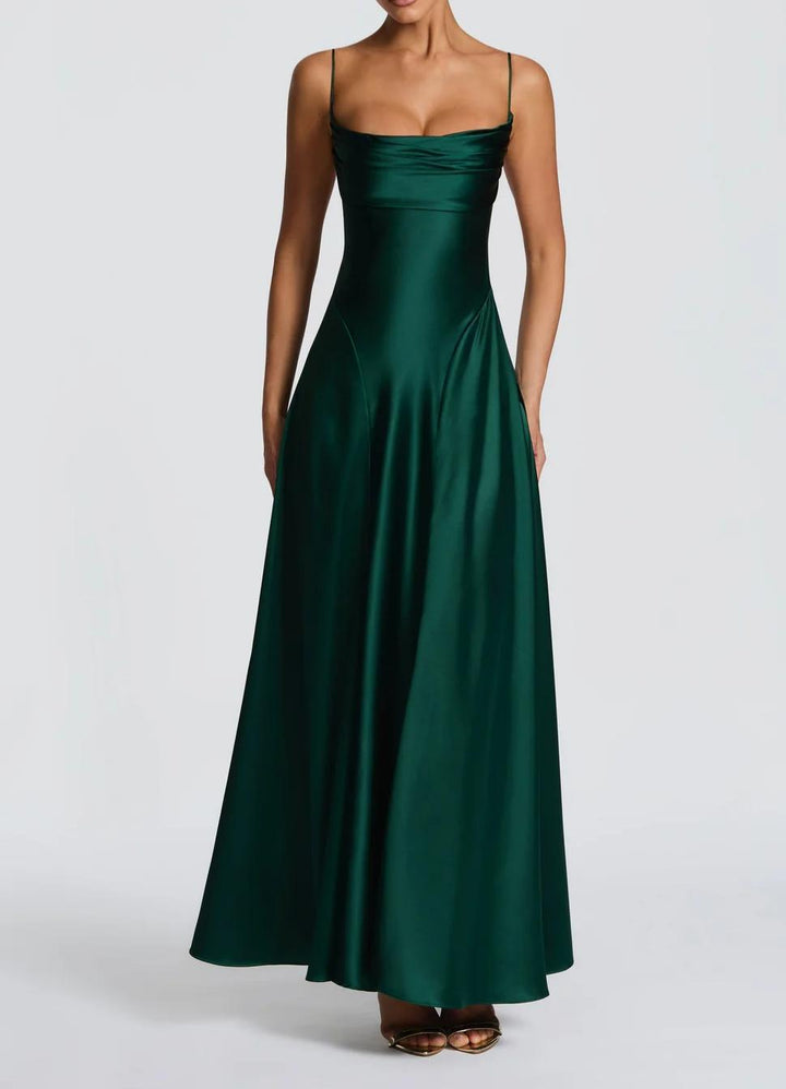 Damen Elegantes Maxi-Kleid mit fließendem Satin und verführerischem Spaghettiträger Drune