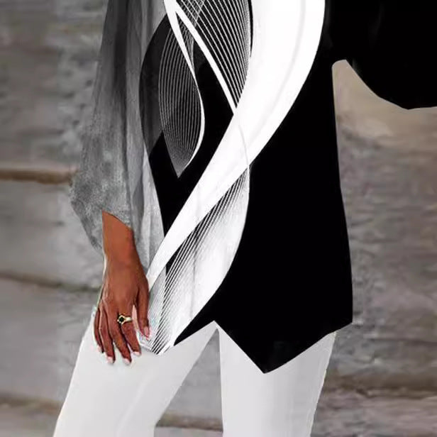 Damen asymmetrisches Langarmshirt mit Grafikdruck und Fledermausärmeln Drune