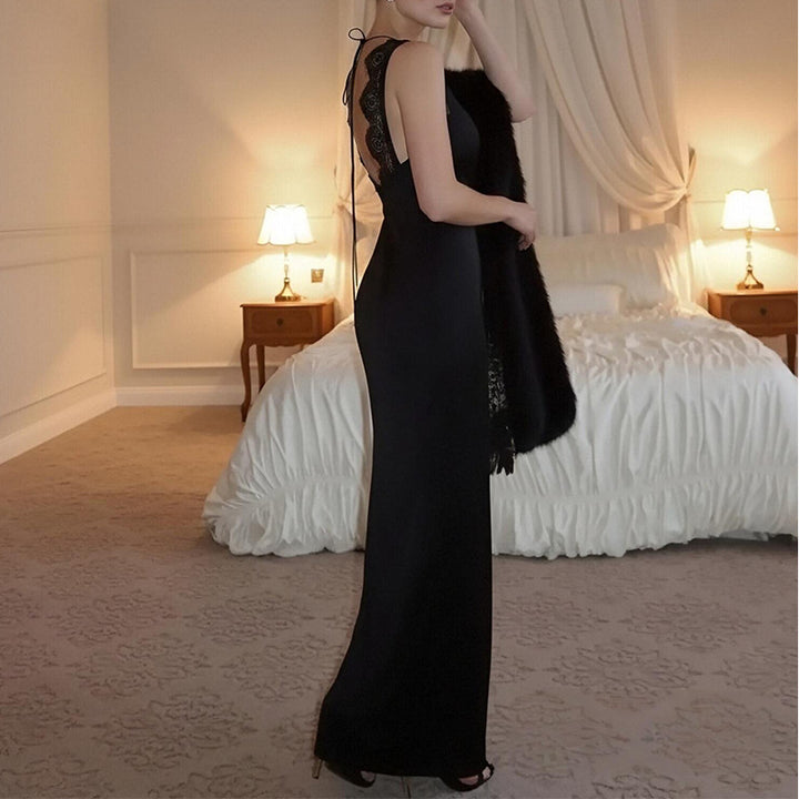 Damen Elegantes Spitzen Maxikleid mit tiefem V-Ausschnitt und Longhandschuhen Drune