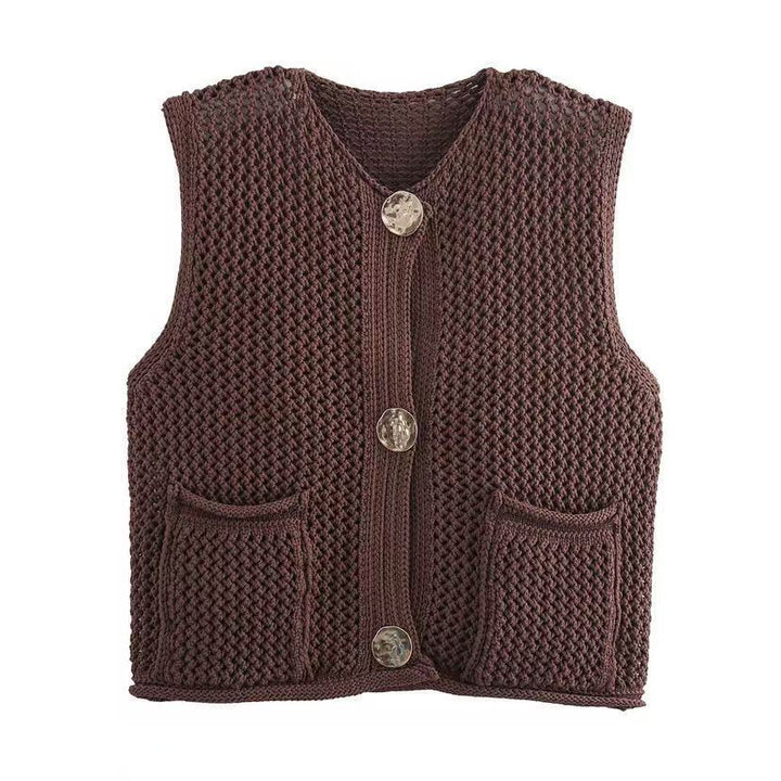 Damen gehäkelte Strickweste mit großen Zierknöpfen und Aufsatztaschen Drune