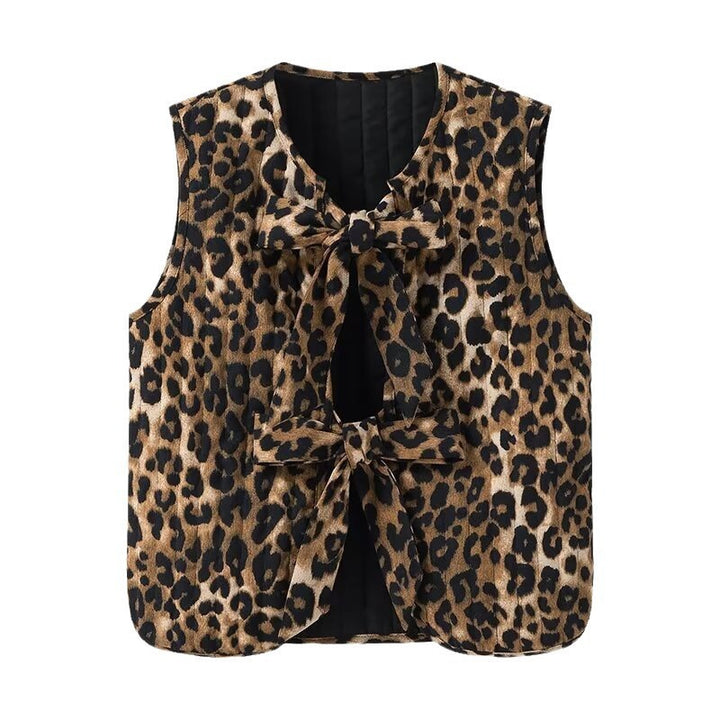 Damen Ärmellose Leoparden-Print-Weste mit Bindeschleifen und strukturierter Oberfläche Drune