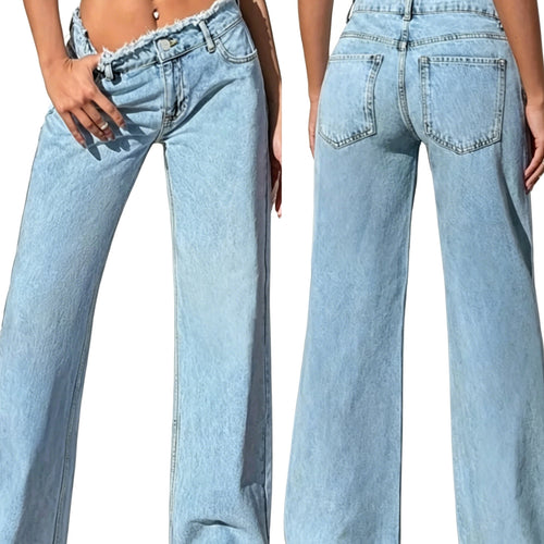 Damen High-Waist Schlagjeans mit rohem Bund und weitem Bein Drune