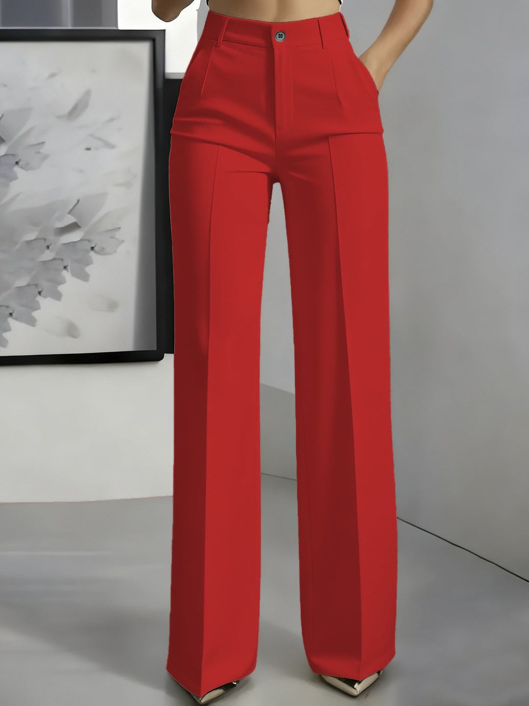 Damen Hochtaillierte Palazzo-Hose mit Bügelfalte und Eingrifftaschen Drune