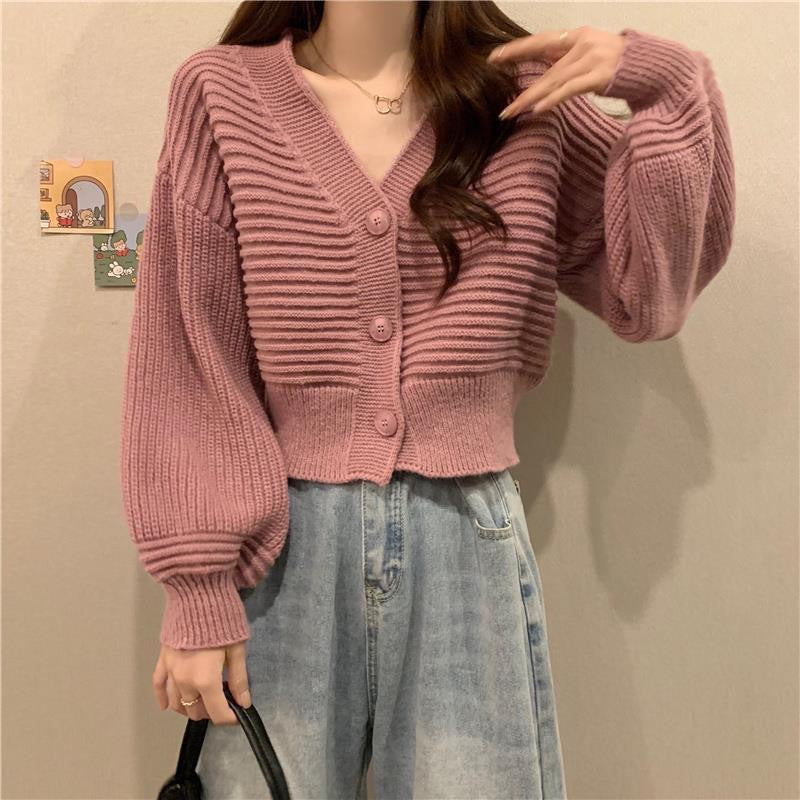 Damen gemütlicher und eleganter Strickcardigan mit voluminösen Ärmeln und Knopfdetails Drune