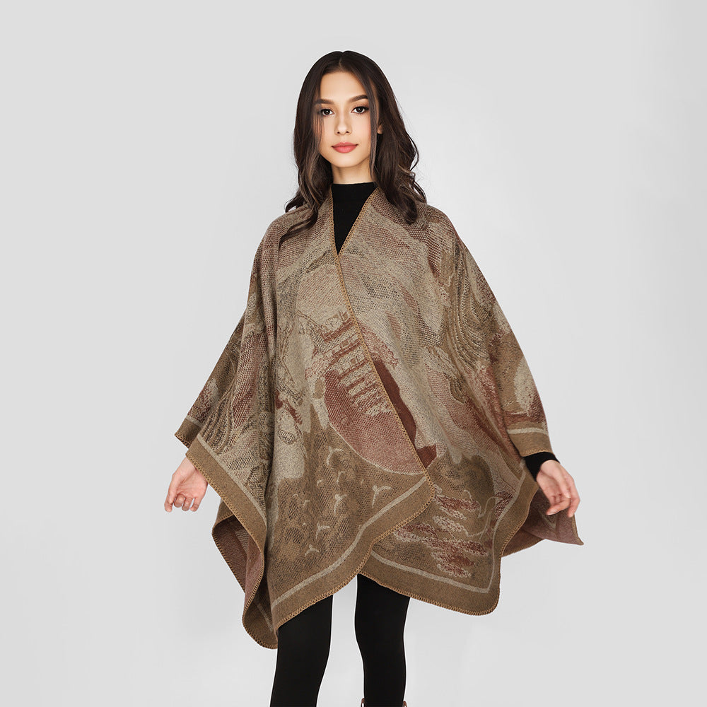 Damen Jacquard‑Strickcape mit floraler Grafik und asymmetrischem Saum Drune