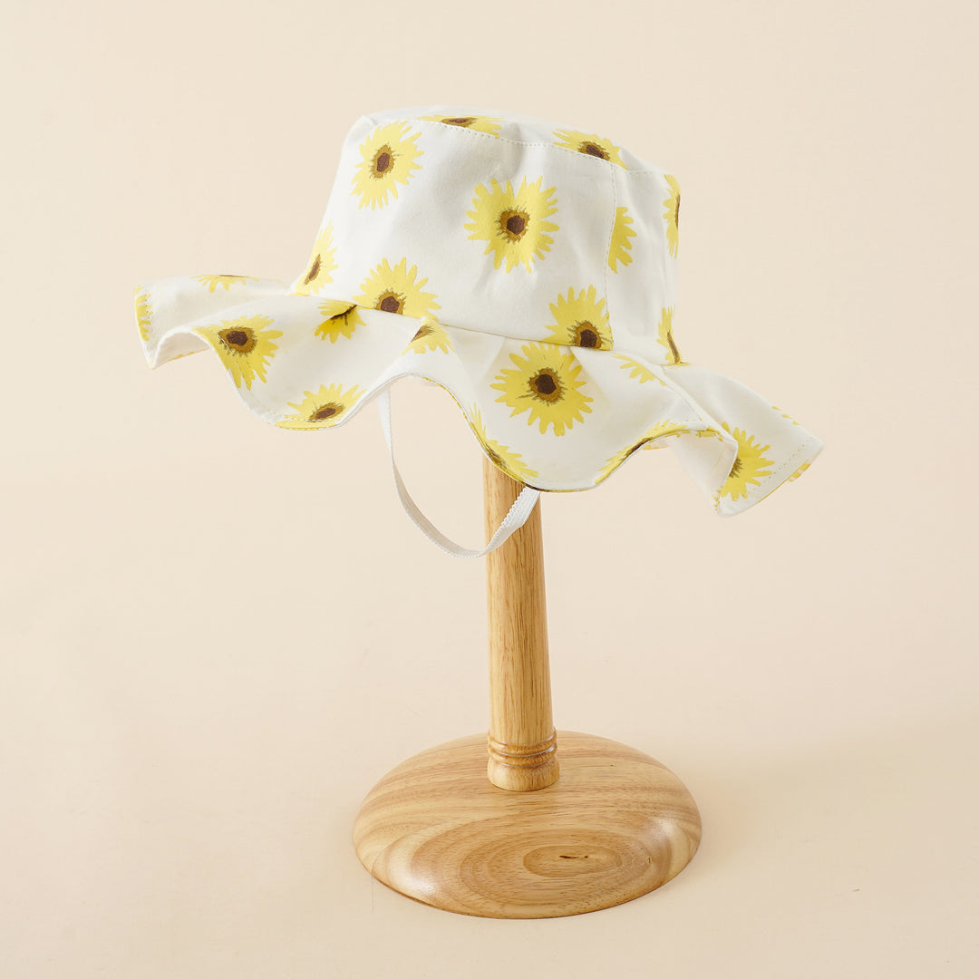 Damen Sonnenhut mit breiter Rüschenkrempe und Sonnenblumen‑Print Drune