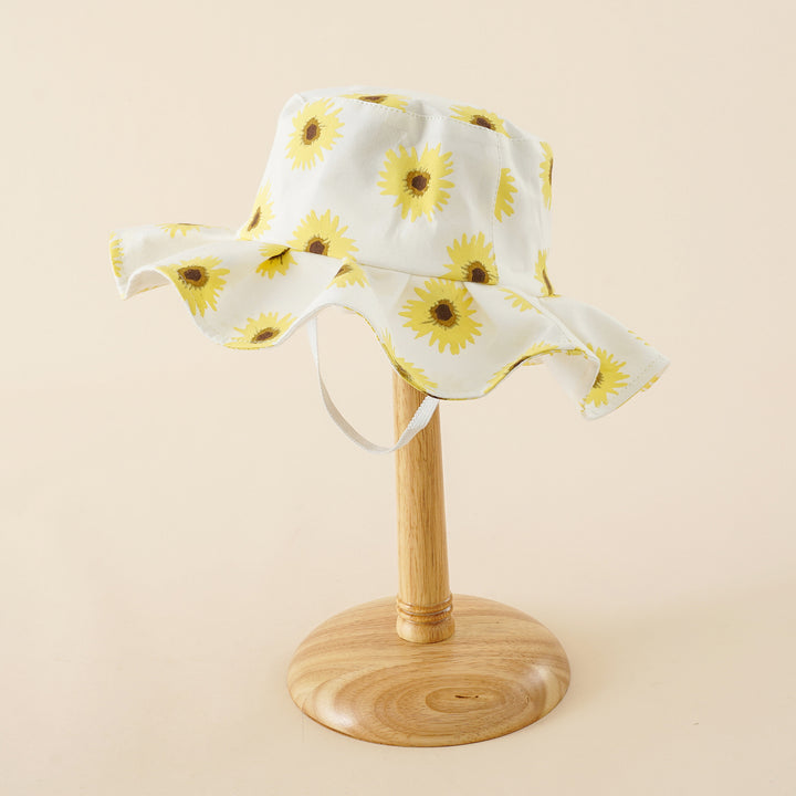 Damen Sonnenhut mit breiter Rüschenkrempe und Sonnenblumen‑Print Drune