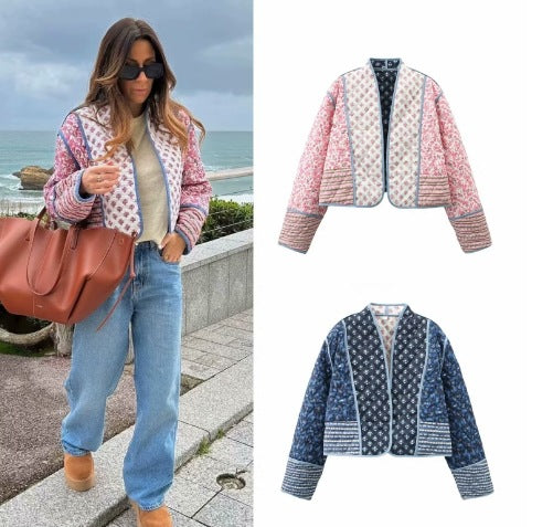 Damen 600+ gesteppte bestickte Taillengürtel‑Jacke mit floralem Muster und Stehkragen Drune