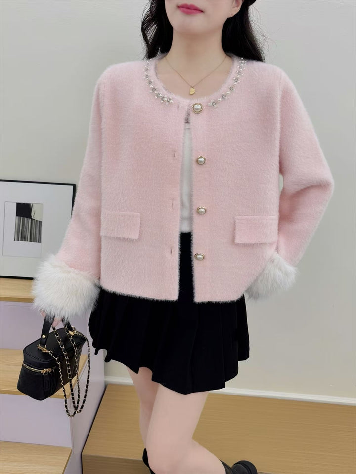 Damen elegante Strickjacke mit Perlenverzierung und flauschigen Ärmeln Drune